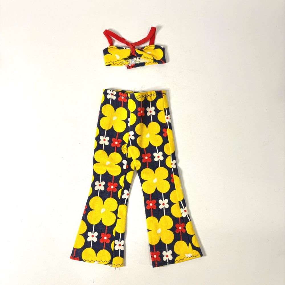 Handmade 14 in Doll Clothes Retro Floral Flare Pants and Crop Top Set Navy Blue